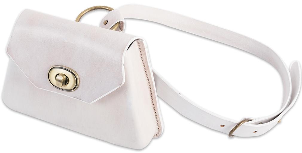 What: “Council Belt Bag” in ivory leather with detachable belt ($750) Where: Jahde Leather Atelier