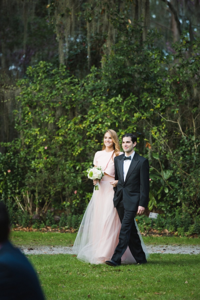 Custom-made bridesmaid ensemble. Menswear by Dolce &amp; Gabbana. Bouquet by Out of the Garden. Image by Clay Austin Photography at Magnolia Plantation &amp; Gardens.