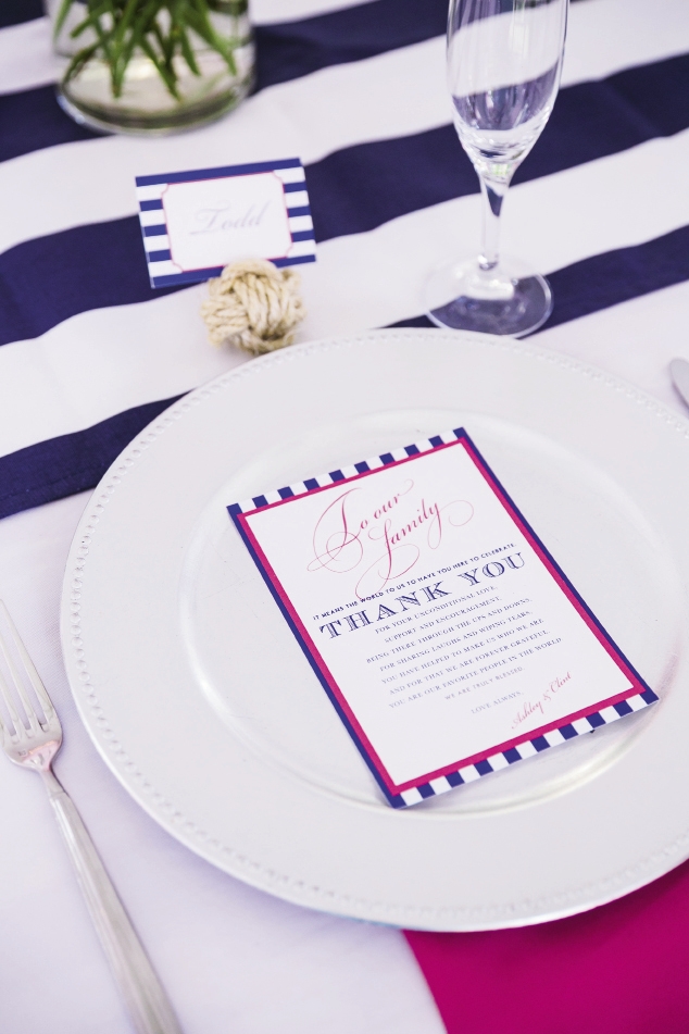 TIED UP: Place cards tucked into nautical knots marked guest seats, where heartfelt thank-you notes from the couple awaited.