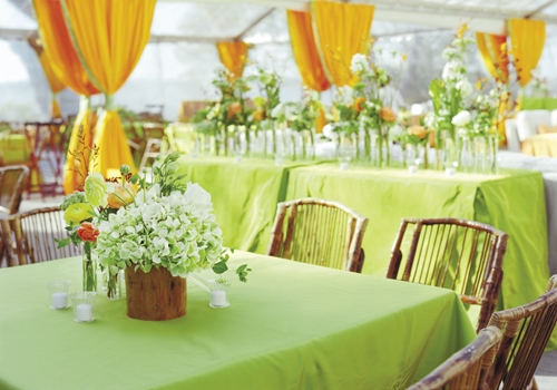 CITRUS BLEND: Curtains of vivid orange and table linens of lime green created a festive backdrop that was framed with a clear-top tent, which kept the space airy.