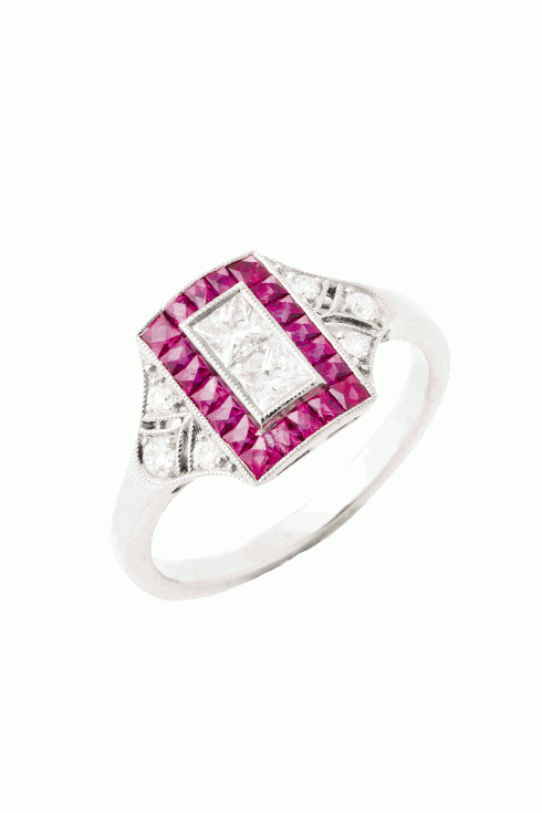FRAME OF MIND: Kwiat’s 18K white  gold ring with diamonds (.37 total cts.) and rubies (.6 total cts.) Paulo Geiss Jewelers, $4,500