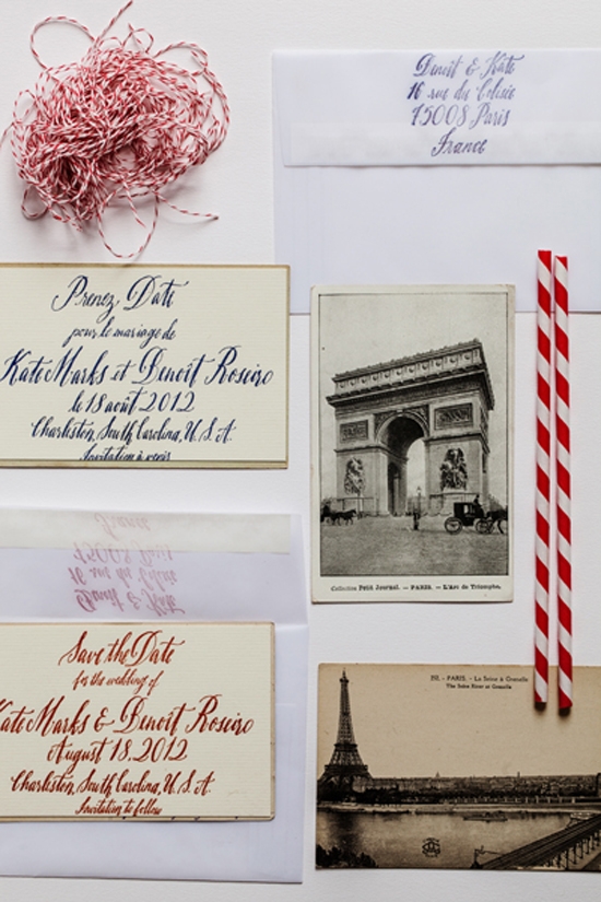 CULTURAL INTRODUCTION: “We glued a card with our save-the-date information on the back of vintage Parisian postcards and mailed them in velum envelopes,” says Kate. “That way so the postcard showed through just enough to give a hint of what was inside.”