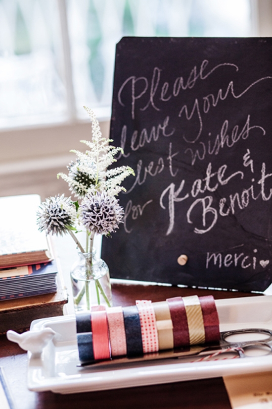 BEST WISHES: “Our guest book was an old French-English dictionary that we had for people to sign where they could attach little cards with messages using red and navy Washi tape,” says Kate.