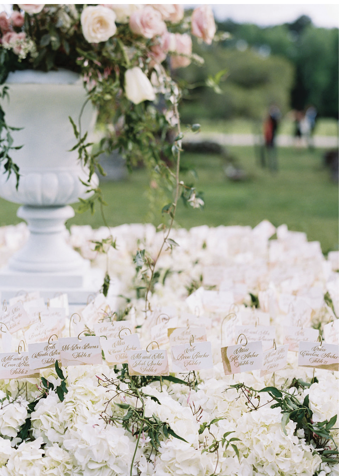 Table assignments grew from a tabletop sea of hydrangea blooms