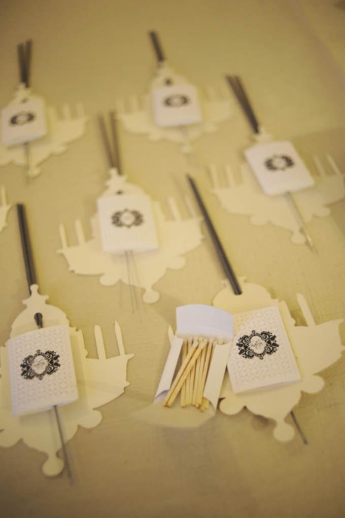BRIGHT IDEA: Chandelier-shaped cards bound a monogrammed matchbook and set of sparklers together for the couple’s end-of-evening send-off.