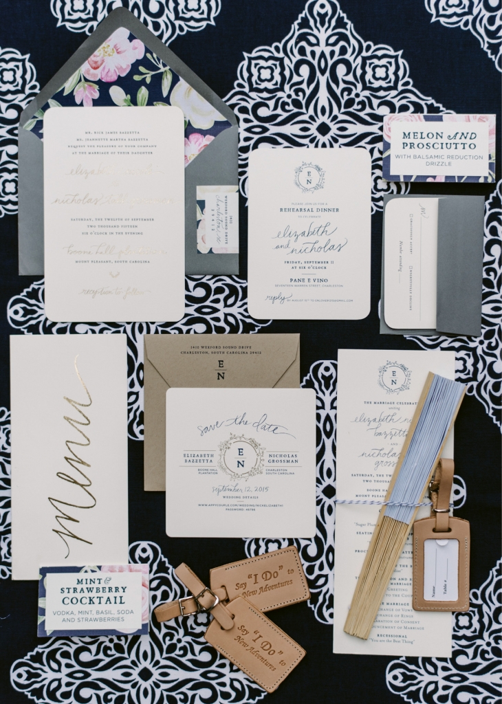 Studio R concocted a suite of paper goods in the couple’s navy, blush, and gold palette. Custom leather luggage tags stamped with “Say ‘I do’ to new adventure” were used for place cards and gifted as favors. (Photograph by Sean Money + Elizabeth Fay)