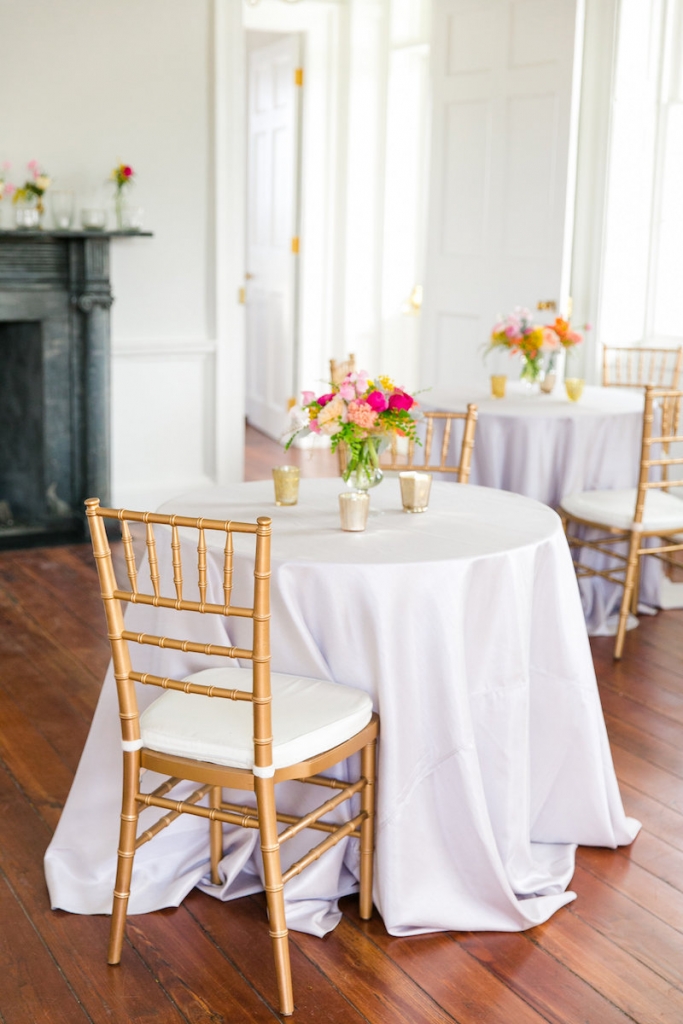 Tables and chairs from EventHaus. Florals by Branch Design Studio. Linens from BBJ Linen. Florals by Branch Design Studio. Photograph by Dana Cubbage Weddings at the Gadsden House.