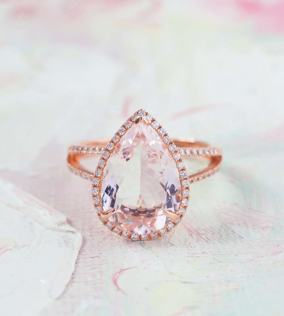 14K rose gold ring with 4.53 ct. morganite center and diamonds  (.33 total cts.) from Diamonds Direct, $3,500. Artwork by Natalie Taylor Humphrey