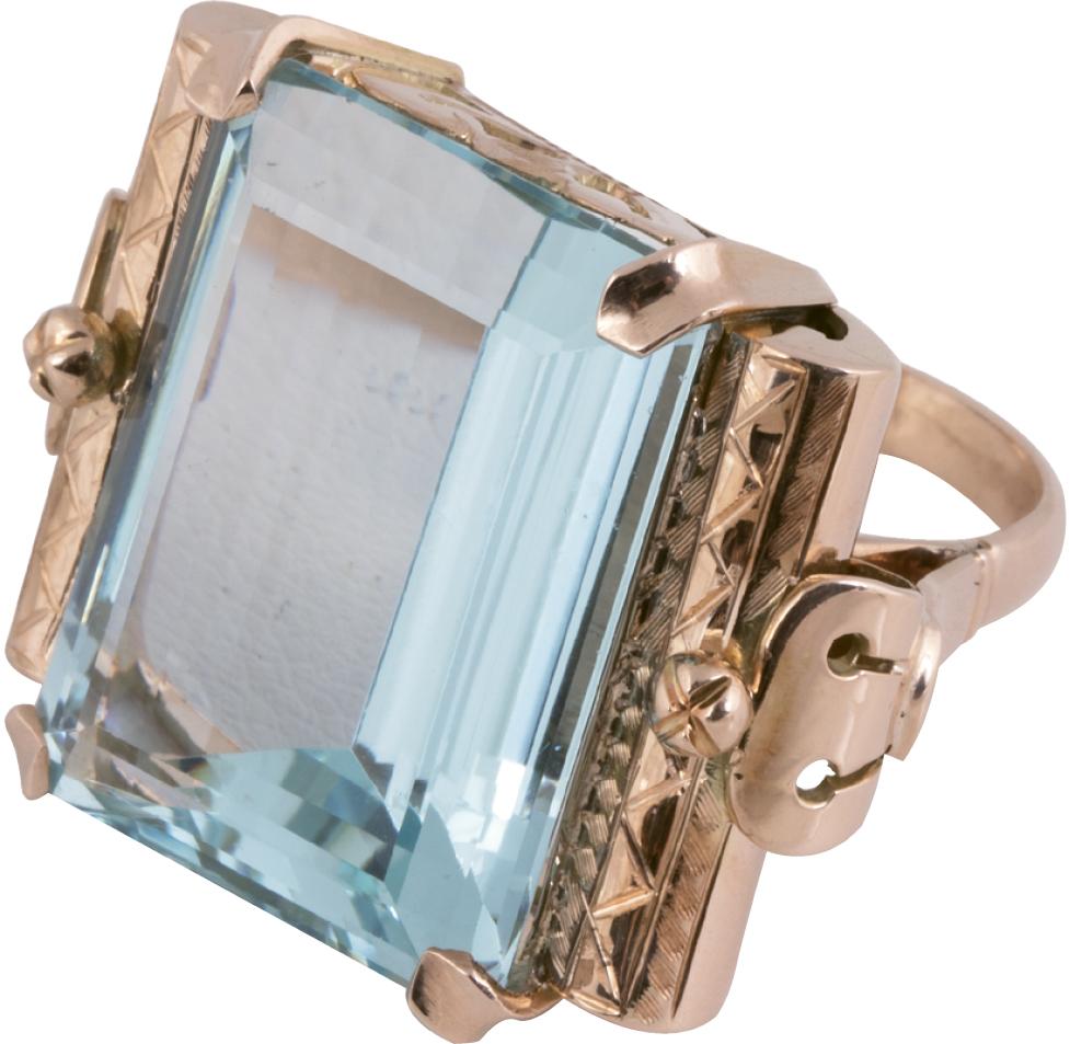 14K rose gold and aquamarine (18 cts.) ring from Joint Venture Estate Jewelers ($2,400)