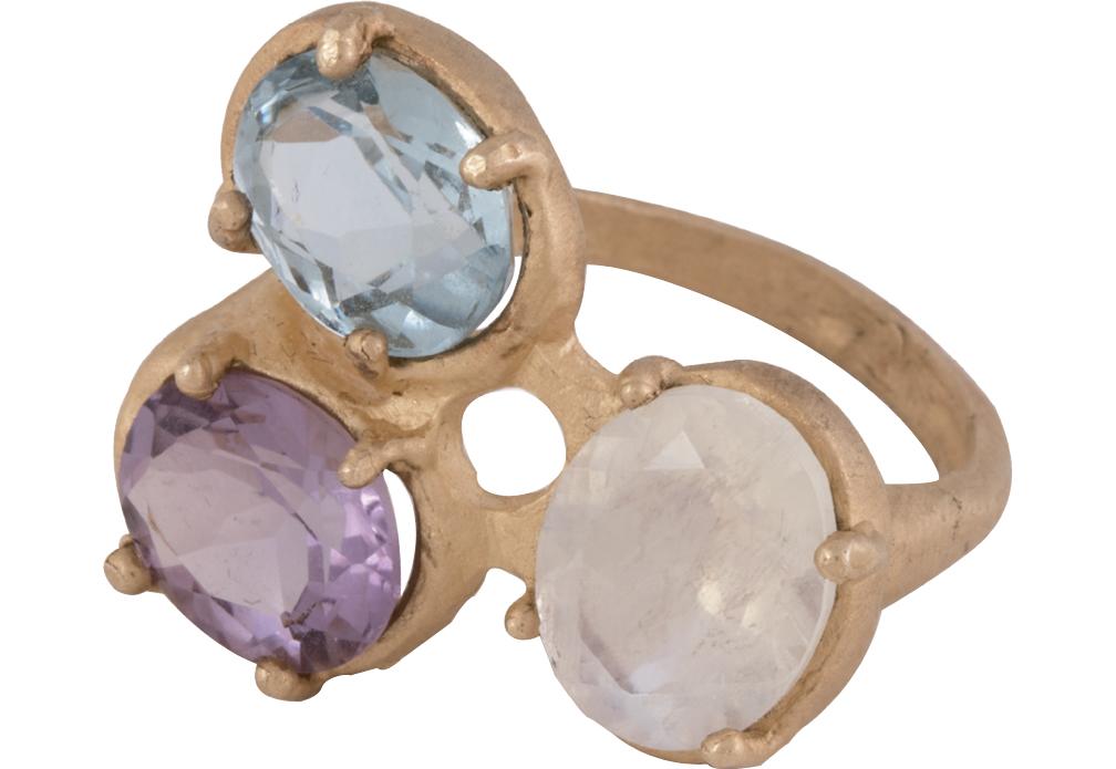 14K gold, moonstone, blue topaz, and  amethyst ring from Jane Pope ($1,778)