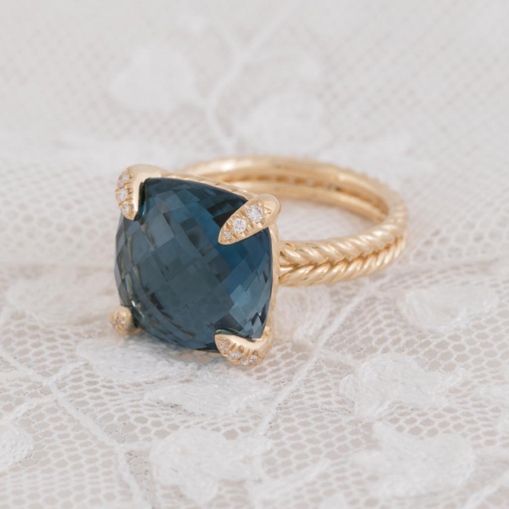 David Yurman’s 18K gold, blue topaz, and diamond ring from REEDS Jewelers ($1,850).