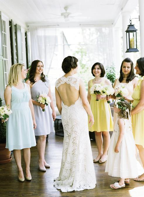 EASTER PARADE: Liz wore Monique Lhuillier from Maddison Row, while her bridesmaids slipped into dresses from LulaKate’s matte silk collection. “We went with short dresses,” says Liz, “for comfort because of the time of year and because it made everything feel fun and a little less formal.”