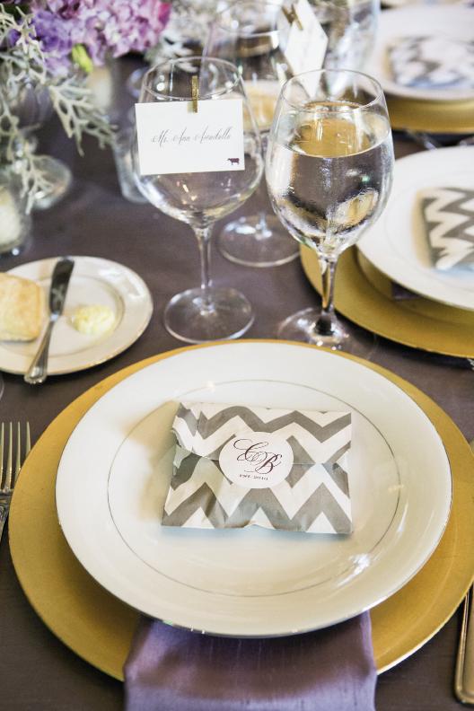 FOOD COLORING: Goldenrod chargers and lavender linens carried the palette to the dinner table, where pralines in silver chevron-printed bags greeted guests.