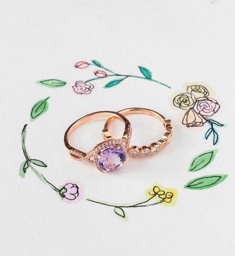 (from left) 14K rose gold ring with 2.5 ct. pink amethyst center and accent diamonds (.25 total cts.) from Diamonds Direct, $1,390. Hearts on Fire’s 18K rose gold band of bezel-set diamonds (.65 total cts.) from Kiawah Fine Jewelry, price upon request. Artwork by Natalie Taylor Humphrey