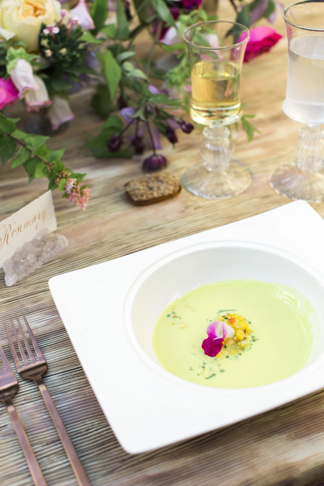 When planning your menu, include seasonal colors wherever possible. “I just knew the fresh basil oil and coulis would make for a bright springy pop in the soup course,” says Calder.  &lt;i&gt;Photograph by Gayle Brooker&lt;/i&gt;