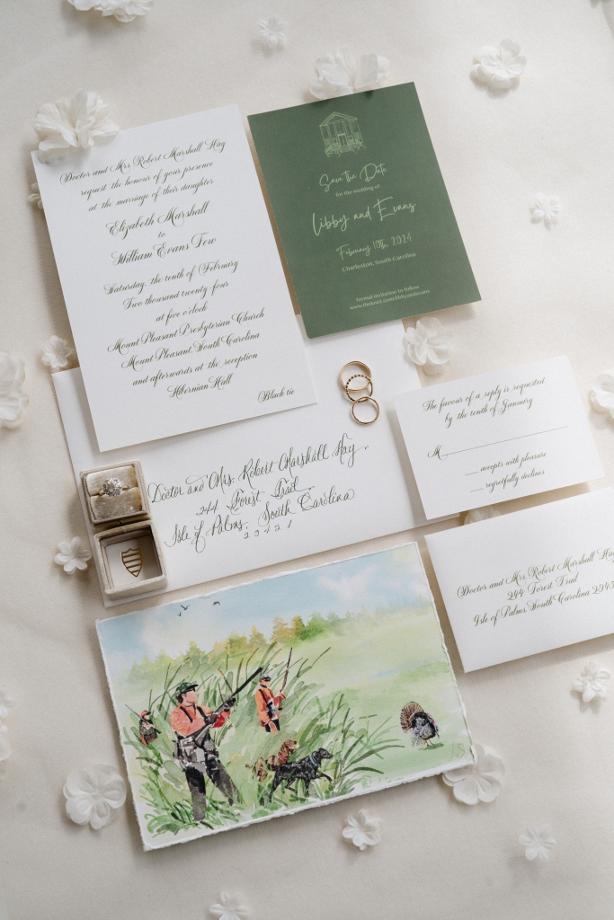 The stationery suite included a custom watercolor rehearsal dinner invitation that reflected the groom’s love for turkey hunting.