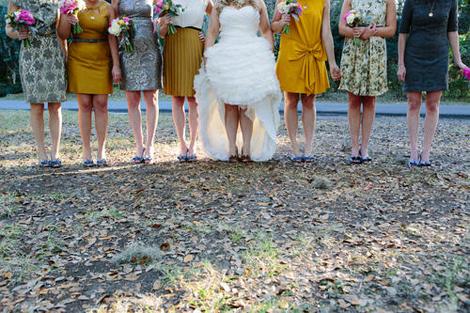 FANCY FROCKS: &quot;I knew that I wanted all of the girls in different dresses,&quot; says Sarah, &quot;and didn&#039;t think varying styles in the same fabric was going to satisfy my obsession with textures.&quot; So she hopped online and found an individual gown in singular fabrics for each bridesmaid.