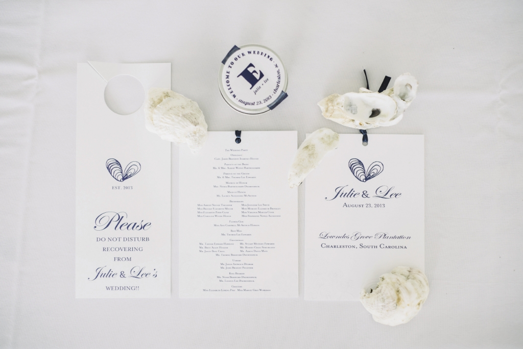 ON THE HALF SHELL: The couple loves hosting oyster roasts in the winter, so Lindsey Shanks of A Charleston Bride called on Sweet Magnolia  Paper to design a heart motif inspired by oyster shells and surprised the couple by featuring it on the programs.