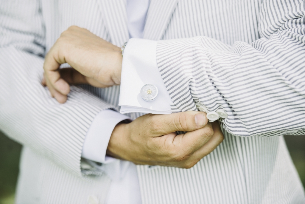 ON THE HUNT: Julie found Lee and his groomsmen shotgun-shell cuff links by Diesel Lace Design on Etsy.