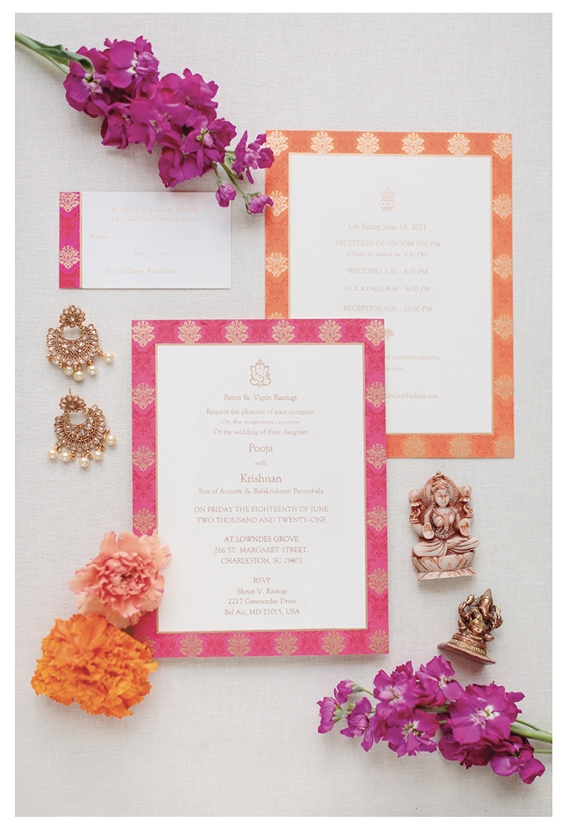 The invitation suite came from Delhi-based Shivam Cards and adhered to their wedding palette of pink, coral, orange, and red.