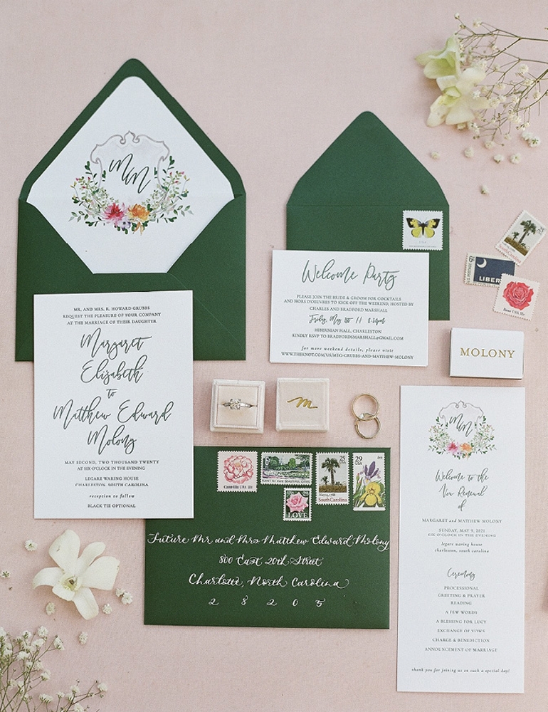 Paper Refinery crafted the crisp green and white invitation suite.