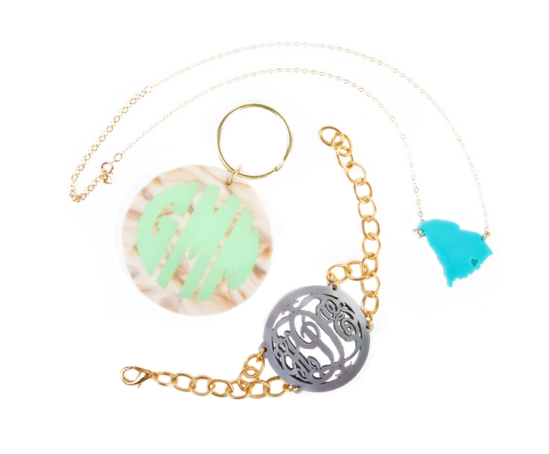 BRAND YOURSELF: South Carolina necklace, monogram key chain, and monogram bracelet from Moon and Lola