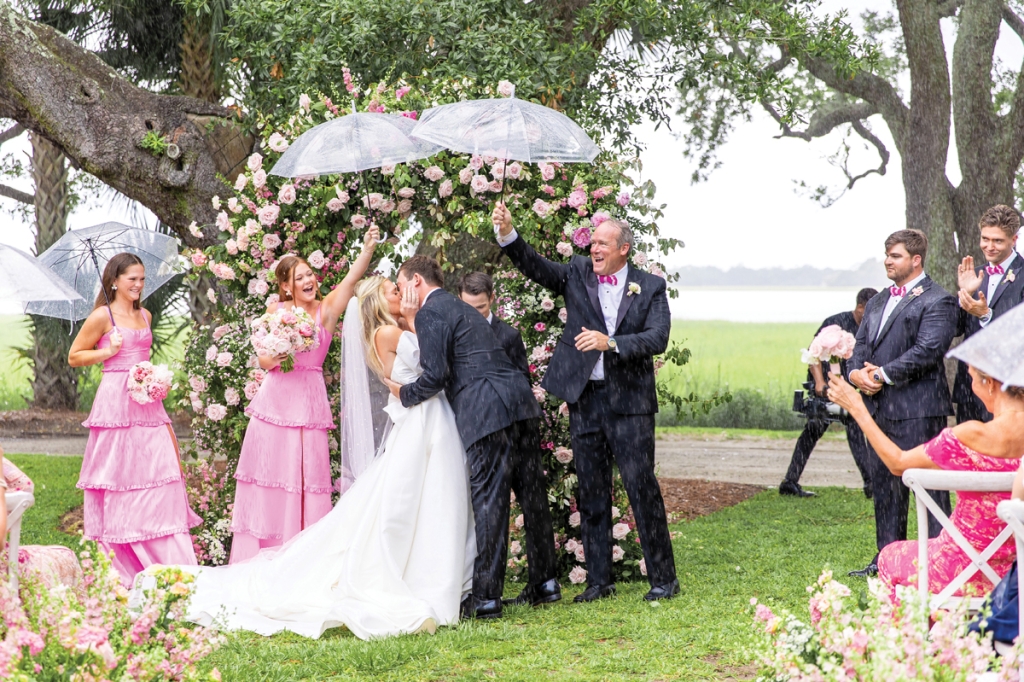 (Clockwise from top) A surprise summer storm couldn’t rain on this love story—Maddie and Austin simply shared their first married kiss beneath clear umbrellas.
