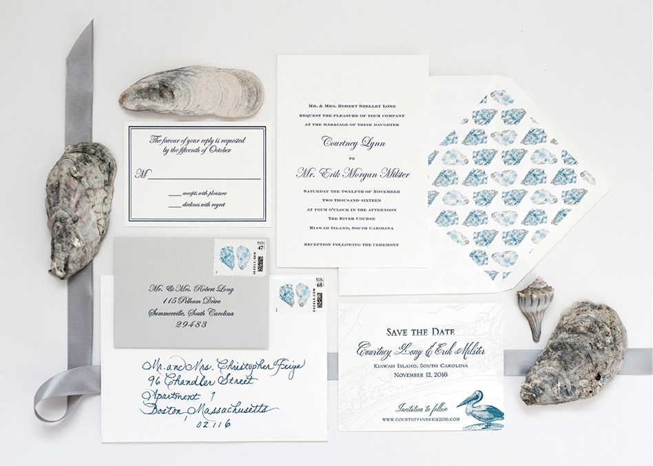 Albertine designed the invitation suite and used watercolorist Kearsley Lloyd’s custom-created oysters for the envelope liners. Courtney’s mother calligraphed the guest addresses.   &lt;i&gt;Photograph by Marni Rothschild Pictures&lt;/i&gt;