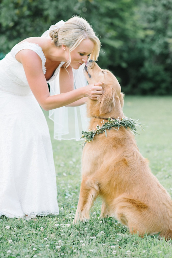 Image by Aaron &amp; Jillian Photography at Magnolia Plantation &amp; Garderns. Bride&#039;s attire by Mikaella. Hair by Paper Dolls. Floral dog collar by Wildflowers Inc.