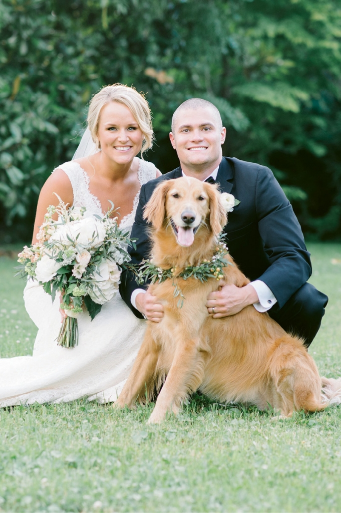 Image by Aaron &amp; Jillian Photography at Magnolia Plantation &amp; Gardens. Bride&#039;s attire by Mikaella. Hair by Paper Dolls. Groom&#039;s attire by Men&#039;s Wearhouse. Bouquet and dog collar by Wildflowers Inc.