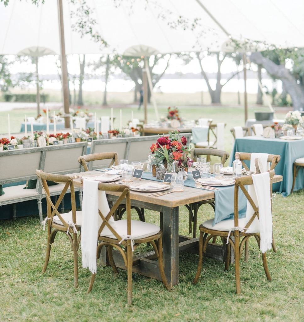 Nicole and Charles saw the silver lining in a smaller guest list due to the pandemic. An additional tent was erected just for dinner so that the original tent could shine as a very open lounge and dance floor.