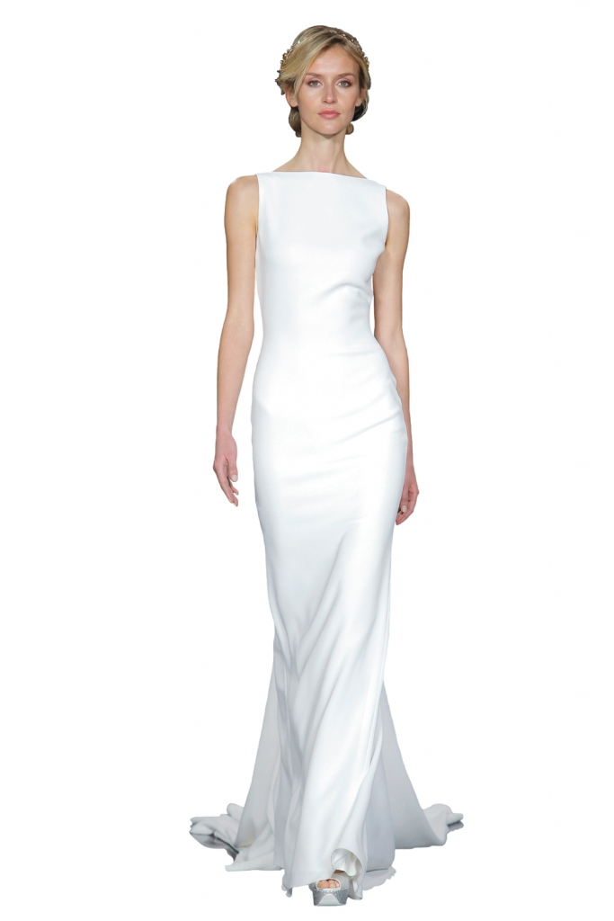 TREND: Bateau neckline (Surprise! The back of this gown is bare with a stunner of a train.) GOWN: Pronovias’ “Nogal,” available in Charleston through Gown Boutique of Charleston