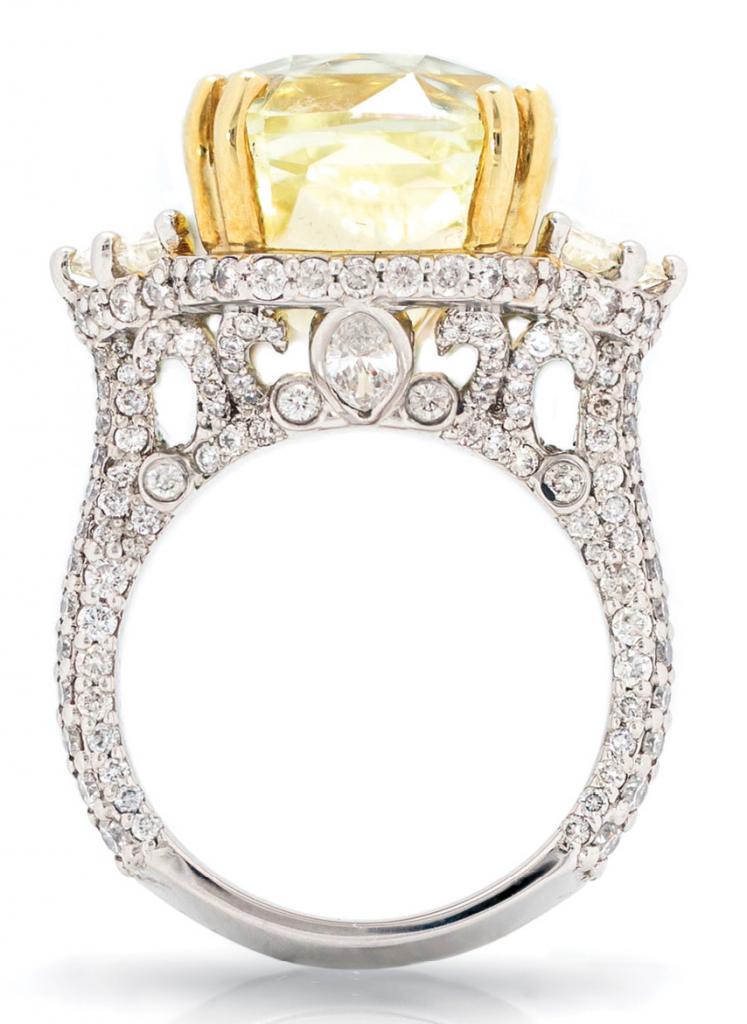Certi ed 22.14 ct. radiantcut yellow sapphire and accent diamonds (5.72 total cts.) set in platinum by Kiersten Elizabeth Fine Jewelry ($86,000)