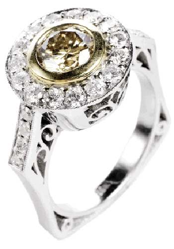 RoundAbout: 18K white and yellow gold ring with 1.13 ct. yellow-brown diamond and accent diamonds(.90 total ct.)Joint Venture, $6,200