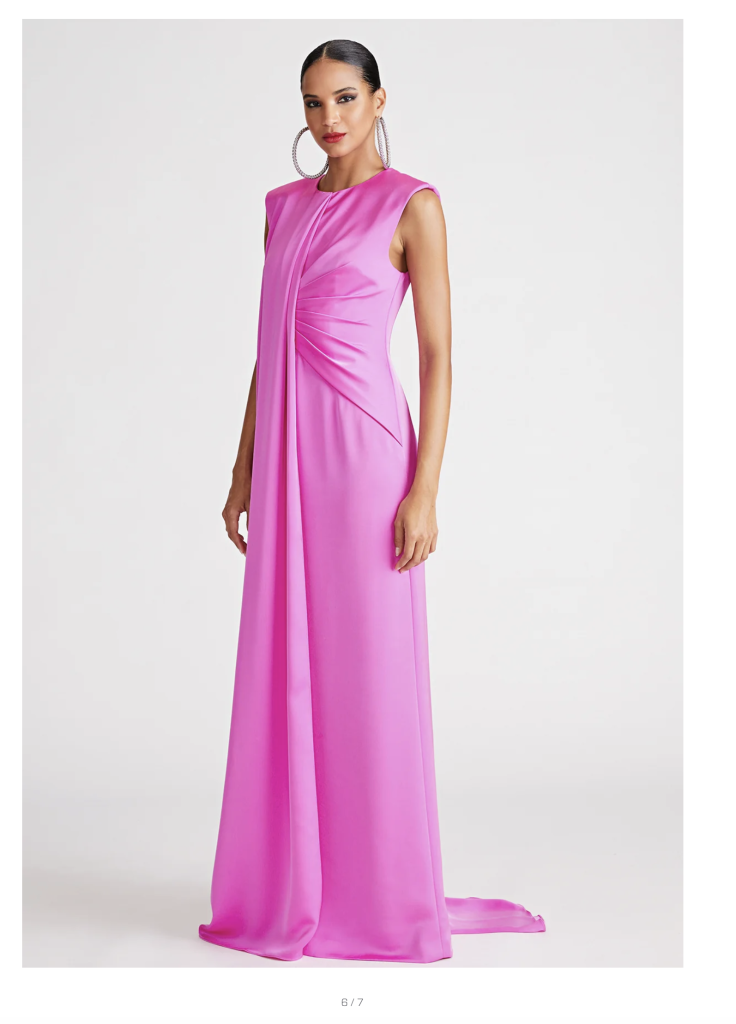 Sculpted Satin - Halston “Tara” satin gown in “Taffy,” $695 at Rhodes Boutique