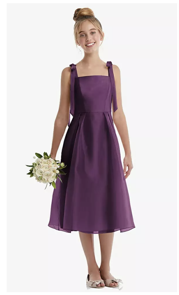 Neat Pleats - Dessy organdy dress with a pleated skirt and tie shoulder straps in “aubergine,” $221 at Bella Bridesmaids