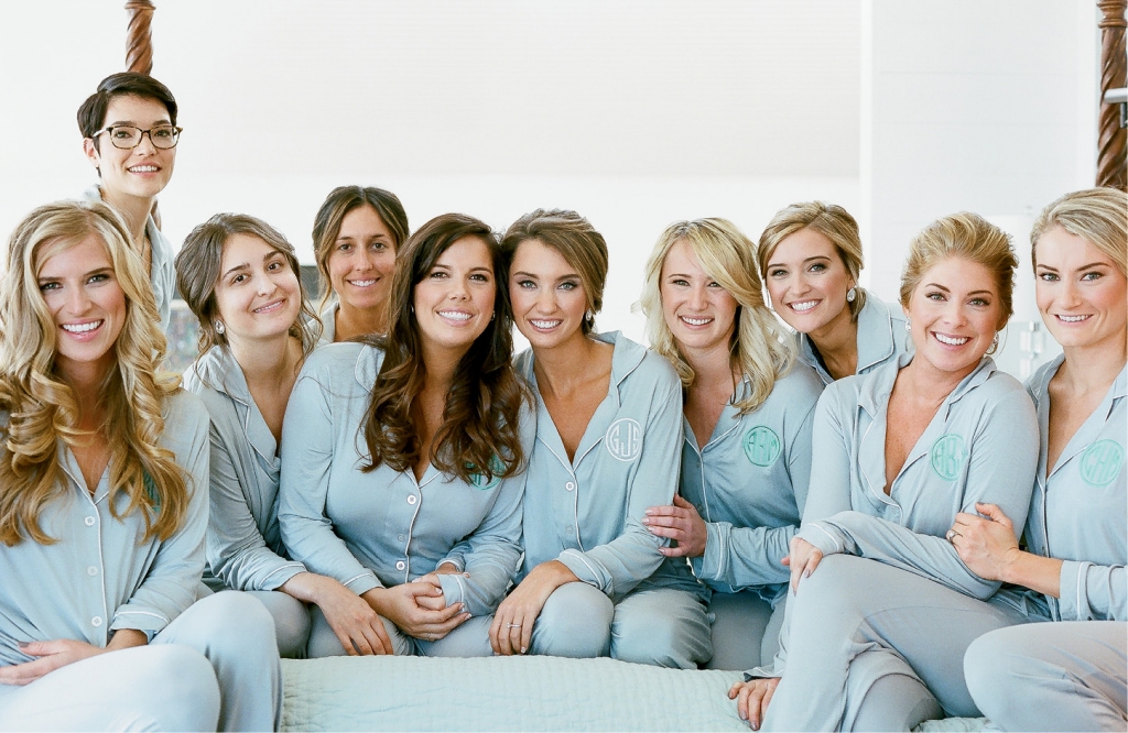 Grayson gave each bridesmaids her own set of monogrammed pajamas and fleece socks to wear while primping, and a vintage fur to cozy up in during the reception.