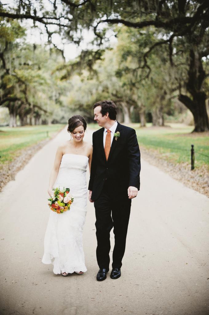 LOVER&#039;S STROLL: Sara found her dream dress—a strapless lace gown by Venus Bridals—from Condon&#039;s Bridal Boutique. Gregg looked handsome in his suit from Brooks Brothers and a tie from Lands&#039; End.