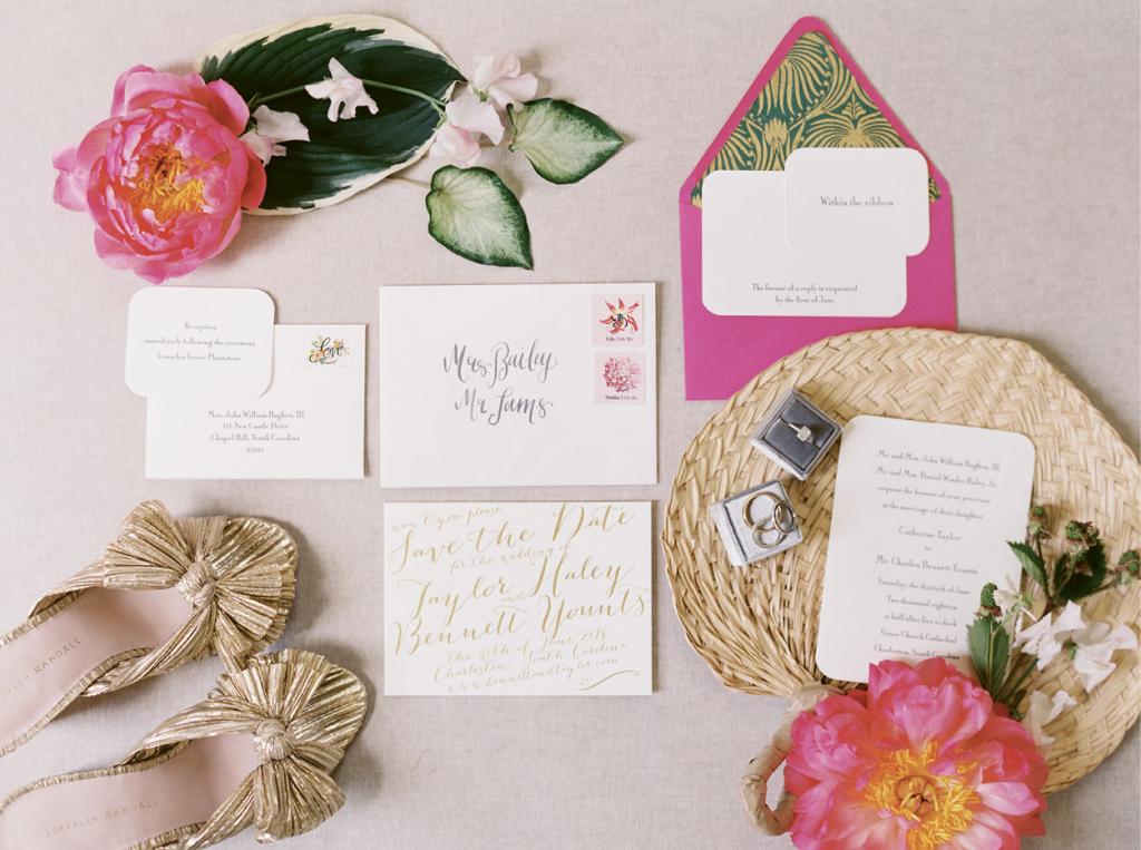 Taylor designed the paper suite (she owns and runs Surcie Fine Gifts and Stationery) and taught herself calligraphy so she could address the invitations.