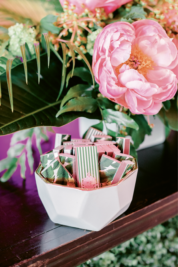 Like the tent ceiling draping and the palm-covered linens, the matchbooks were both coordinated and mismatched.