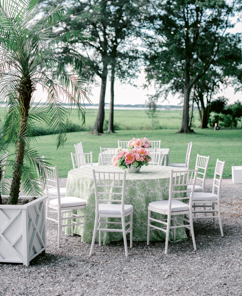 By sticking to graphic green prints on white backgrounds for the linens, planner Blake avoided the “too Lilly” look that the bride wanted to sidestep.  “Nothing against Lilly, I love her!” Taylor laughs