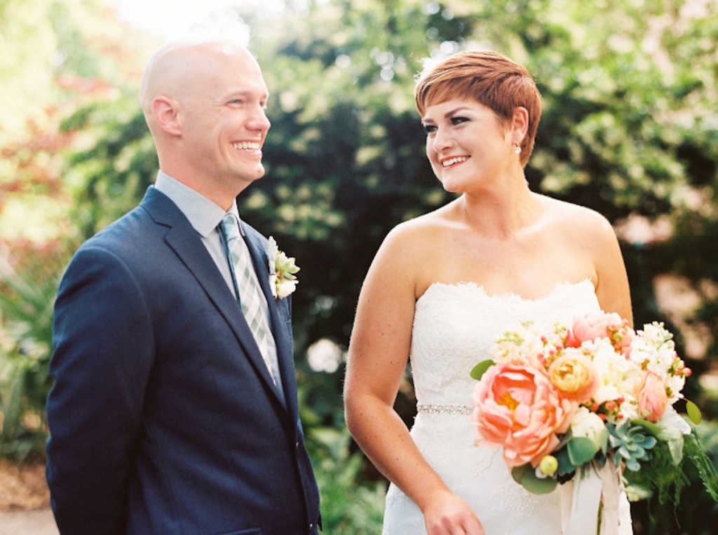 Image by Perry Vaile Photography. Bride&#039;s attire by Sottero and Midgley. Bouquet by Rebecca Rose Events. Groom&#039;s attire by Alfani (suit); Calvin Klein (shirt &amp; tie).