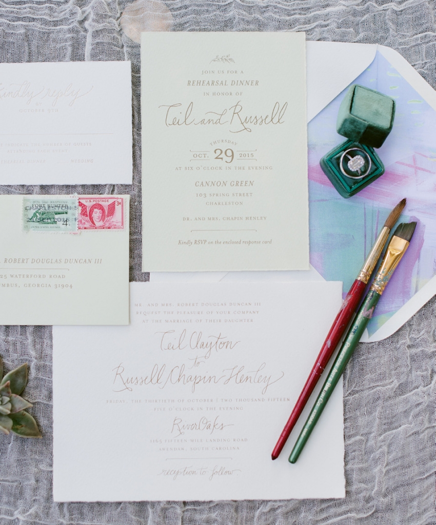 Studio R turned a design by bride Teil into envelope liners for the stationery suite. (Image by Natalie Franke Photography)