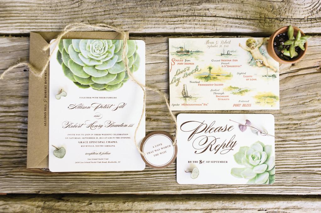 PAPER TRAIL: Invites by Etsy vendor Oak &amp; Orchid boasted a succulent motif, foreshadowing the day-of florals. Open House replicated a 1900s postcard from Allison’s family illustrating a journey from Port Despair to Port Bliss, and turned it into a rehearsal dinner invitation.