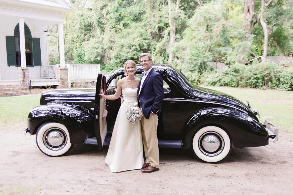 HISTORIC RIDE: The couple drove Allison’s uncle’s high school wheels—a 1939 Ford coupe—from the chapel to the yacht club. The bride wore a gown from Fabulous Frocks, while the groom wore dress khakis, a navy sportscoat, and a bow tie.