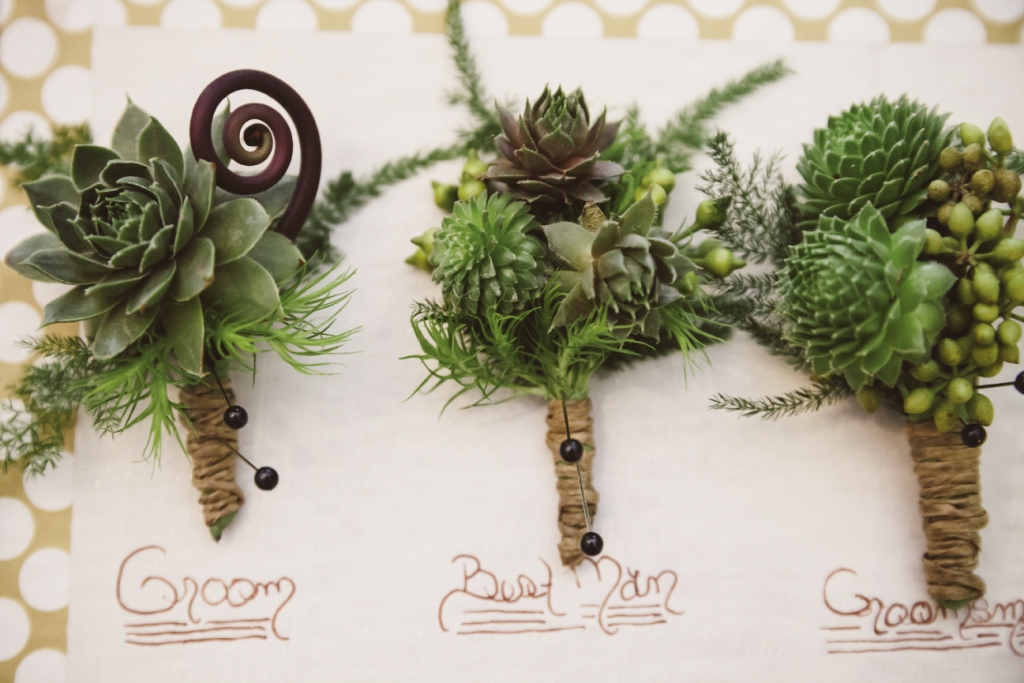 TOUGH STUFF: For sturdy boutonnieres that can stand up to a day’s worth of hugs, try succulents tied off with hemp twine.