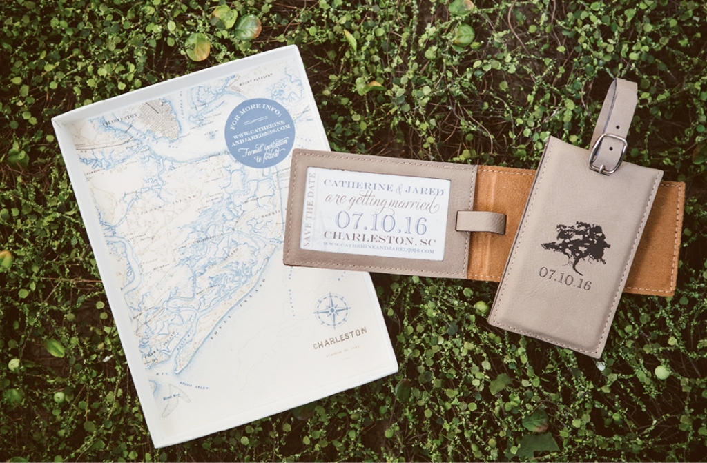 With most guests traveling from afar, custom leather luggage tag save-the-dates engraved with an oak tree silhouette—a nod to the ceremony site—set the scene for the destination wedding.  &lt;i&gt;Amelia + Dan Photography&lt;/i&gt;