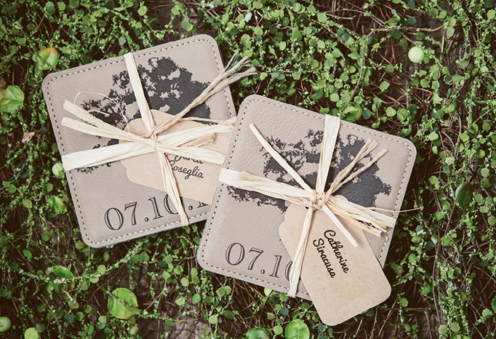 “We collect coasters everywhere we go,” says Catherine of the inspiration behind their favors.   &lt;i&gt;Amelia + Dan Photography&lt;/i&gt;