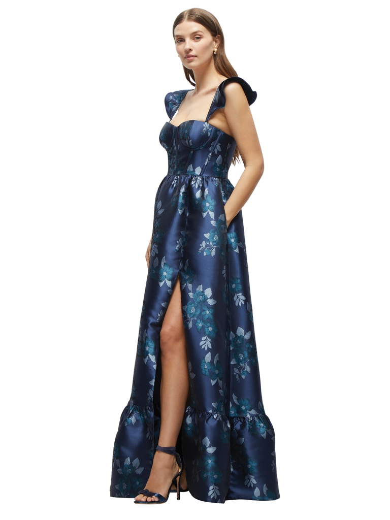 Dramatic Damask - Dessy Group “Felicity” baroque rose corset maxi dress in “midnight navy,” $315 at Bella Bridesmaids