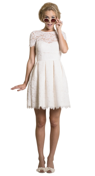 Dress: “Kitten” by Amy Kuschel; Trend: short-sleeved shortie; Shop: Gown Boutique of Charleston